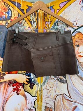 Diesel Vintage Chocolate Leather Wrap Mini Skirt with Button Accent